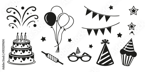A festive scene with cakes, balloons, and party decorations in black and white