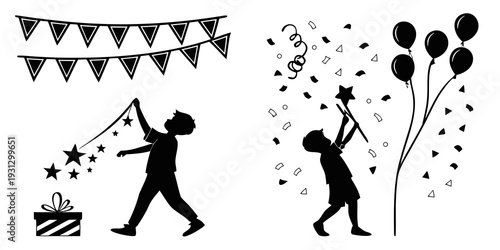 Two individuals celebrating with decorations and balloons in a black and white illustration