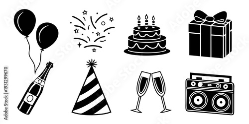 A collection of party items including balloons, confetti, cake, gifts, and more.