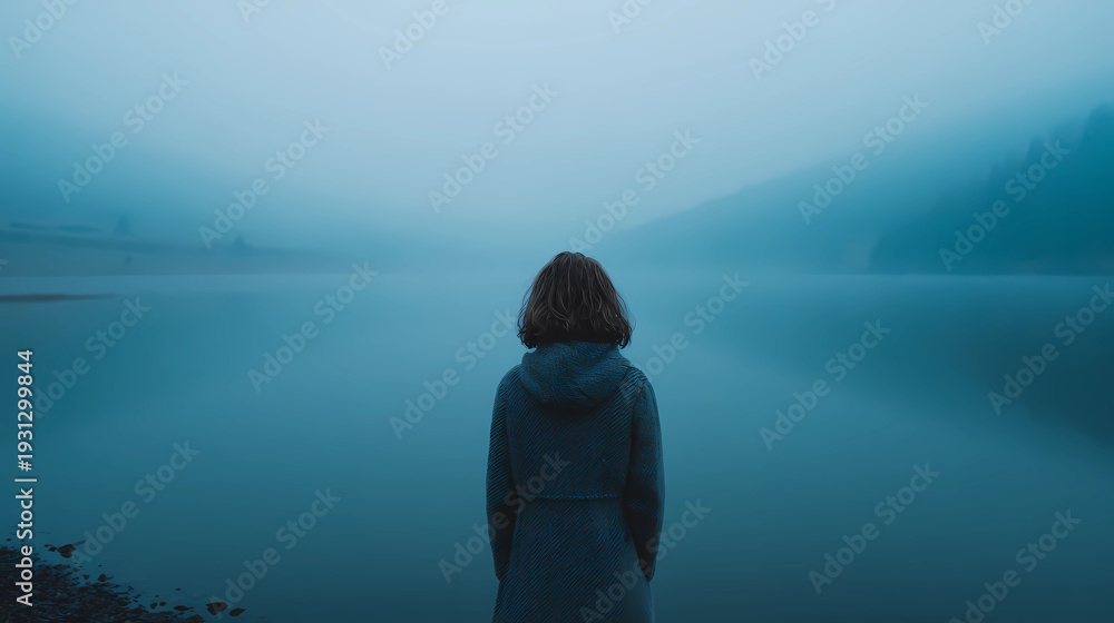 Fototapeta premium Person standing in front of a calm pale blue lake at dawn with rising mist, Generative AI illustrations.
