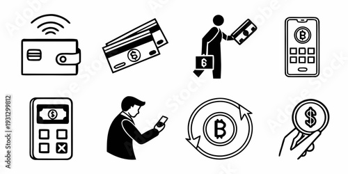 Various methods of payment and financial transactions are depicted in this image.