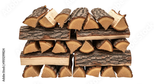 A stack of chopped firewood on a white background