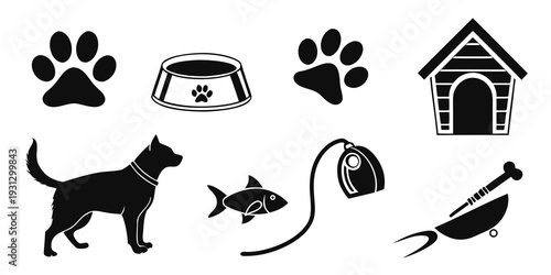Various icons representing pets and their accessories in a simple black and white design.