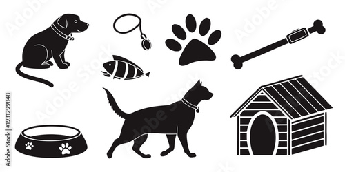 A variety of dog-related icons including a doghouse, toys, and a dog bowl.