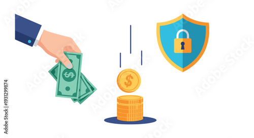 Secure financial transactions and investment protection concept with cash payment and a cybersecurity shield icon.