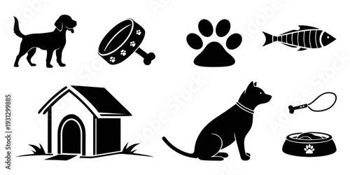 Illustrations of pet essentials including food, shelter, and toys