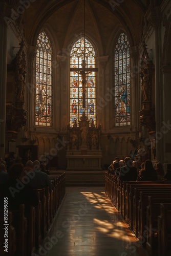 Serene church interior with stained glass windows and pews facing the altar in a reverent atmosphere