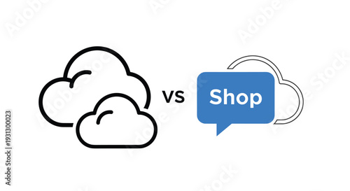 Comparing cloud storage versus online shopping services illustrated by minimal icons and speech bubble typography.