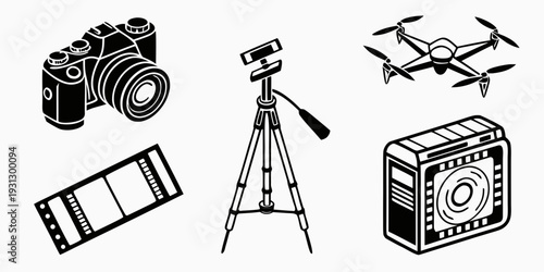 A variety of photography and filming equipment including cameras, drones, and tripods.
