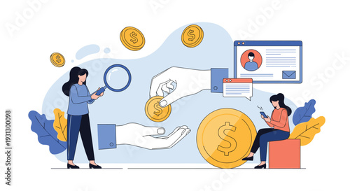 Digital financial research and peer to peer payment concept showing professionals managing investments and money transfers.