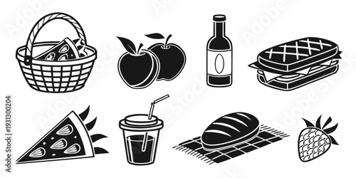 Assorted picnic items including food, drinks, and utensils