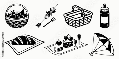 Assorted picnic items including food, utensils, and equipment