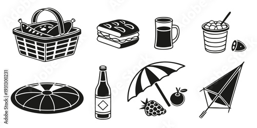 Assorted summer items including food, drinks, and beach accessories