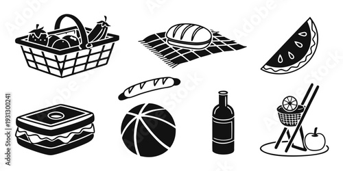 Assorted objects including a picnic basket, a bottle, a frisbee, and more