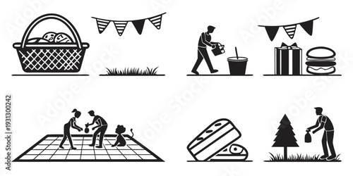 Illustrations of various activities and objects for a community event.