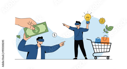 Virtual reality commerce and innovation concept showing people using technology for digital shopping and financial deals.