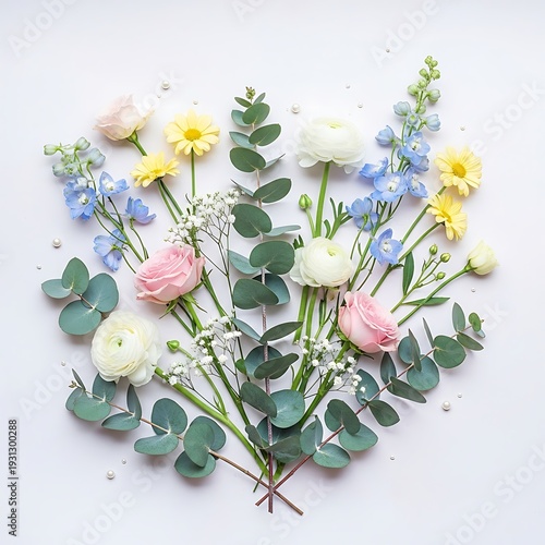 A beautiful flat lay arrangement of various pastel flowers including pink roses, white ranunculus, yellow daisies, blue delphiniums, and eucalyptus leaves on a white background.