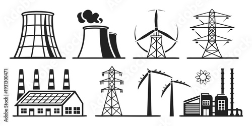 Illustrations of various industrial and energy production facilities and infrastructure.