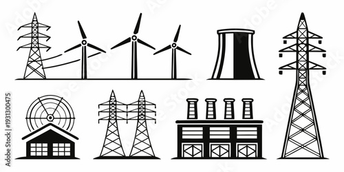 Illustration of various energy sources and infrastructure including wind turbines, nuclear power, and power plants.