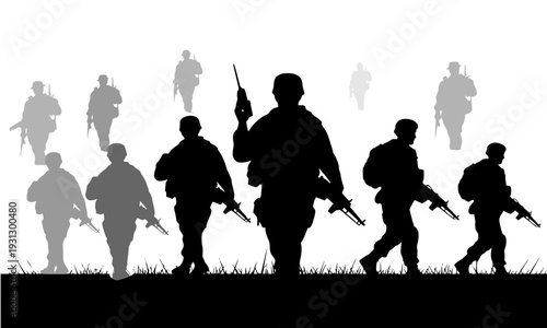 Black Silhouette of Armed Soldiers Walking Through Grass in Military Formation – Army, War, and Combat Patrol Unit Concept Illustration