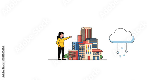 Smart city technology and urban planning concept showing a professional woman interacting with cloud data infrastructure.