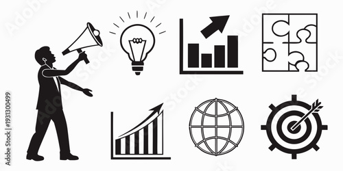 Icons representing various aspects of business and strategy planning