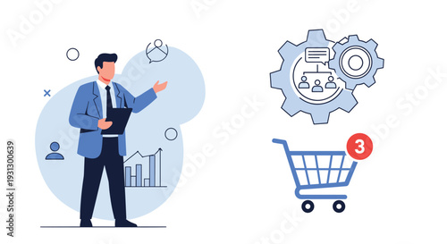 Supply chain management and retail logistics strategy concept showing a professional overseeing team operations and sales.
