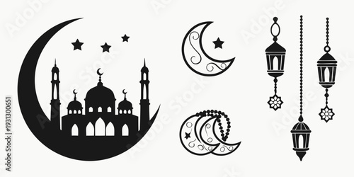 Islamic art featuring mosque, crescent moon, stars, and lanterns