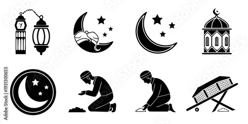 Islamic symbols and prayer times represented in a variety of ways