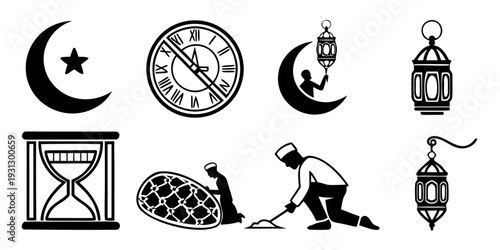 A collection of symbols representing time, night, and vigilance.