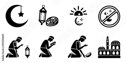 Diverse symbols and scenes representing the islamic faith and practices