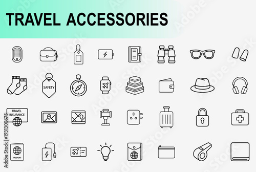 Travel accessories and vacation essentials icons set, outline symbols for tourism trip planning luggage and summer holiday gear vector illustration