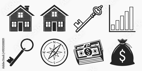 Illustration of various icons related to real estate and finance