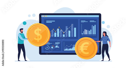Business professionals analyzing financial data on a large digital dashboard while holding giant dollar and euro currency coins.