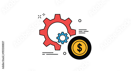 Colorful gears and a gold dollar coin icon depicting financial mechanisms, industrial efficiency, and monetary processing systems.