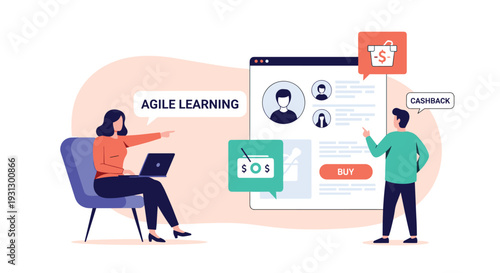 Business team collaborating on an agile learning platform shown on a large screen with buy and cashback icons.