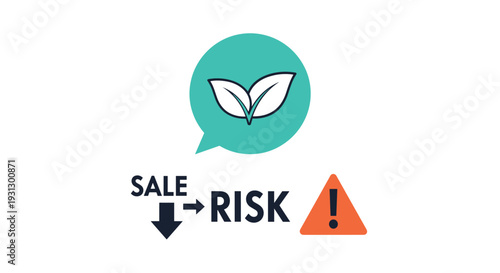 Green leaves icon in a speech bubble above sale and risk text with a warning sign representing sustainable business decisions.