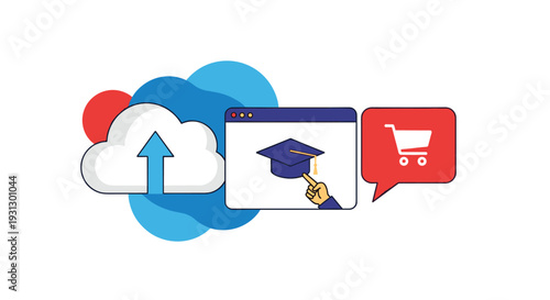 Graduation cap on a computer screen with an upload cloud and shopping cart icons representing online education and course sales.