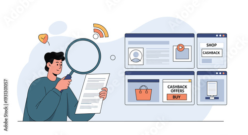 Man using a magnifying glass to review documents while browsing multiple website windows for shopping and cashback offers.