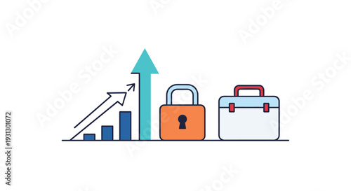 Financial growth chart with a rising arrow next to a padlock and a briefcase symbolizing secure business investments.