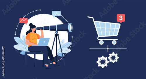 Professional woman using a laptop and a telescope to look for online shopping deals and industrial gear mechanisms for business growth.