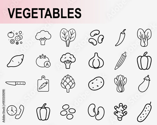 Fresh vegetables and healthy food icons set, outline symbols for cooking grocery organic farming and nutrition vector illustration