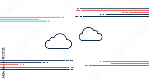 Two cloud outlines with high speed movement lines depicting fast cloud computing, data transfer, and internet connectivity.