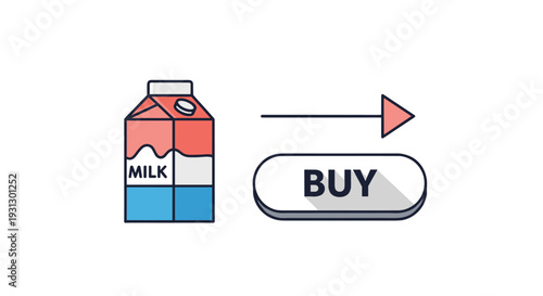 Milk carton icon with an arrow pointing to a buy button representing grocery shopping and fast online consumer goods purchases.