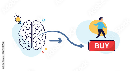 Human brain connected to a light bulb and a person walking towards a buy button illustrating a customer's journey.
