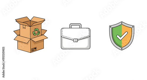 Stacked cardboard boxes with recycling symbols next to a briefcase and a secure shield for safe eco-friendly logistics.