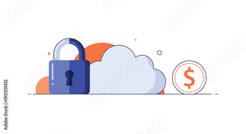 Large blue padlock in front of a cloud and a gold dollar coin depicting secure cloud storage and financial data protection.