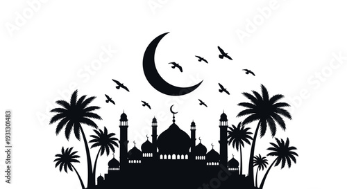 Nighttime Scene of Mosque with Palm Trees, Crescent Moon and Flying Birds in Black-and-White Graphic Style