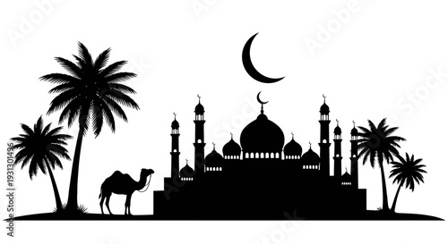 Central Mosque with Crescent Moon Dome, Camel, and Palm Trees in Peaceful Desert Graphic Illustration for Ramadan or Eid Celebration