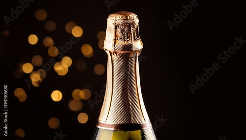 Close Up Of A Golden Champagne Bottle On A Black